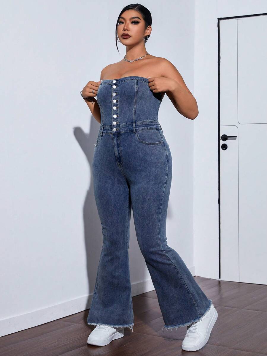 SHEIN ICON Plus Size Summer Casual Frayed Flare Denim Jumpsuit