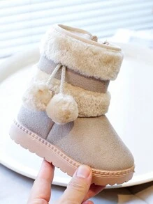 1 Pair Kids Boots, Khaki Color Plush Fur Ball Snow Boots, Soft Sole Anti-Slip, Mid-CaBootsoendy Design Suitable For Boys & Girls Outdoor, Party, Travel, Winter
