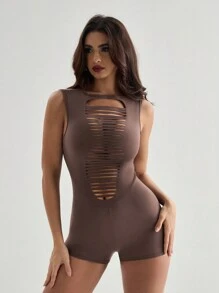 Menodora SHEIN Sport Bộ đồ liền thân đơn giản không tay màu trơn, có thể tùy chỉnh - Màu nâu Sô-cô-la - Xem 1