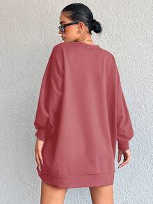 SHEIN Cottnline Women's Solid Color Drop Shoulder Sweatshirt - Rusty Rose - View 2