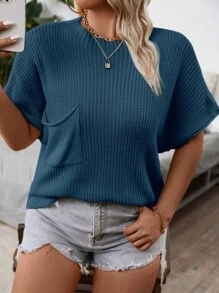 Franclia Plus Size Women's Casual Solid Round Neck Batwing Short Sleeve Pocket Loose Knit Sweater, Spring Autumn