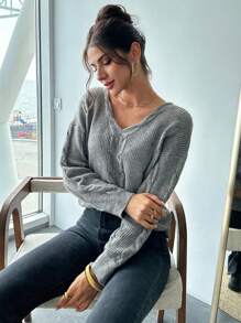 SHEIN Privé Women's V-Neck Cable Knit Long Sleeve Sweater, Casual Daily Wear - Grey - View 4