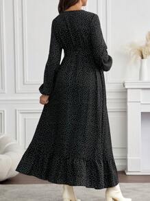 SHEIN V-Neck Allover Print Split Thigh Dress With Long Sleeves, Maternity Nursing Dress - Black - View 4