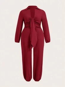 Slaydiva Combinaison élégante de style décontracté pour la rue avec col décoratif noué devant, manches longues et jambe en lanterne, grande taille, pour l'été et l'automne - A - Rouge foncé - Voir 1