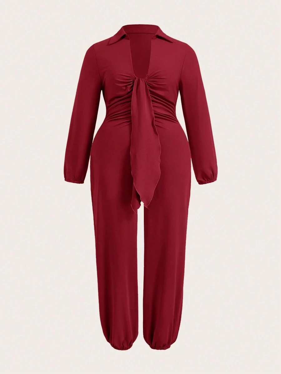 Slaydiva Combinaison élégante de style décontracté pour la rue avec col décoratif noué devant, manches longues et jambe en lanterne, grande taille, pour l'été et l'automne - A - Rouge foncé - Voir 1