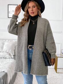 SHEIN LUNE Plus Size Casual Diamond Pattern Stripe Pattern Loose Versatile Autumn Cardigan Without Buttonsbusiness Casual Woman, Holiday Outfits, Country Tops, For Winter - Coffee Brown - View 1