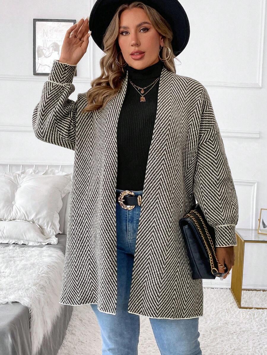 SHEIN LUNE Plus Size Casual Diamond Pattern Stripe Pattern Loose Versatile Autumn Cardigan Without Buttonsbusiness Casual Woman, Holiday Outfits, Country Tops, For Winter - Coffee Brown - View 1