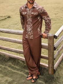 Manfinity RSRT 2pcs Men's Front Button Long Sleeve Printed Casual Shirt And Trousers Vacation Outfit Set ,Men Two Pieces Outfits ,Western Cowboy-Themed Printed Long-Sleeve Shirt And Pants Set In Brown ,Brown Pants