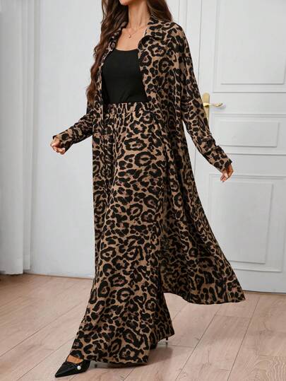 SHEIN Clasi Conjunto de 2 piezas de camisa larga y pantalones con estampado de leopardo para mujer, para otoño