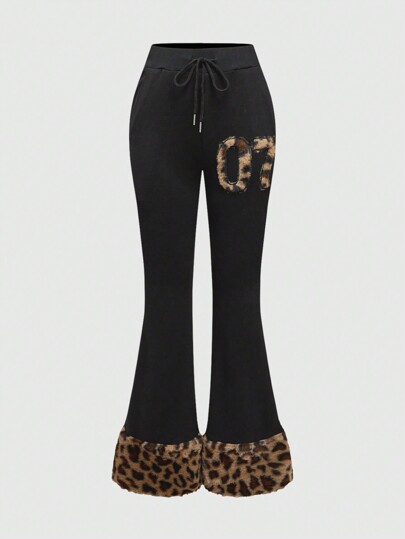 Grunge Punk Y2K Patchwork Leopard Fluffy Women's Low Waist Drawstring Flared Leg Pants