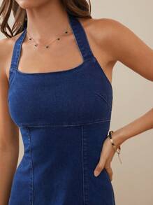 WESTFADE Premium Denim Cotton Halter Stretch Mini Dress - Dark Wash - View 6