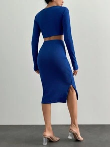 Square Neck Crop Tee & Split Thigh Skirt - Blue - View 2