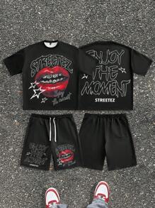 Manfinity RebelGame 男士宽松口气印花圆领短袖T恤套装，适合夏季 - 黑色 - 查看 1