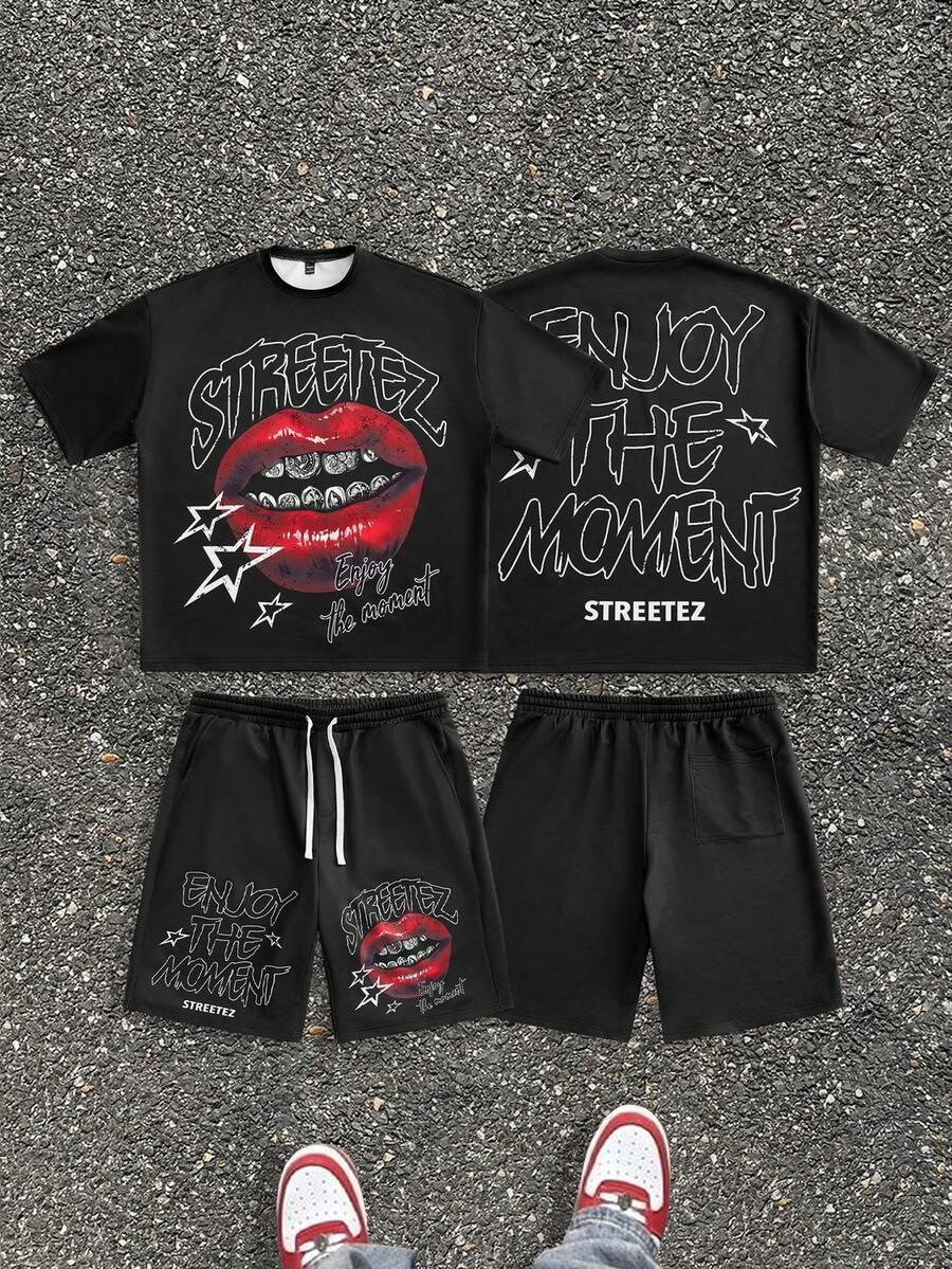 Manfinity RebelGame 男士宽松口气印花圆领短袖T恤套装，适合夏季 - 黑色 - 查看 1