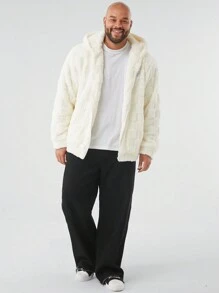 Manfinity VCAY Men's Plus Size Patch Letter Print Fluffy Hooded Casual Jacket, Autumn/Winter - White - View 4