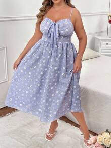 Franclia 大码细肩带蝴蝶结雏菊花卉连衣裙，甜美度假风格