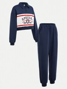 SHEIN 2pcs/Set Teenage Girls Casual Collegiate Letter Printed Drop Shoulder Polo Shirt And Sweatpants Outfit - Royal Blue - View 3