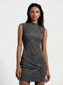 AiiRZ Washed Print Metal Trim Detail Mini Dress - Grey - View 1