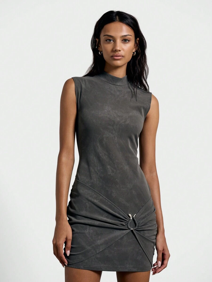 AiiRZ Washed Print Metal Trim Detail Mini Dress - Grey - View 1