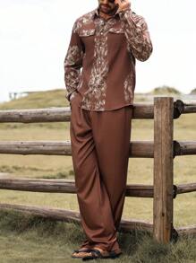 Manfinity RSRT 2pcs Men's Front Button Long Sleeve Printed Casual Shirt And Trousers Vacation Outfit Set ,Men Two Pieces Outfits ,Western Cowboy-Themed Printed Long-Sleeve Shirt And Pants Set In Brown ,Brown Pants