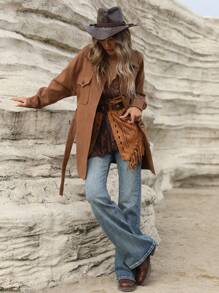 EMERY ROSE Women 1pc Autumn Casual Solid Color Shirt-Style Overcoat With Belt, Fall Clothes - Coffee Brown - View 5