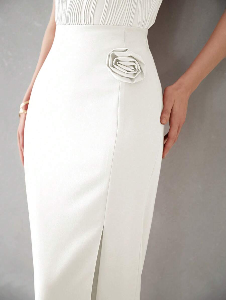 MOTF PREMIUM STEREO FLOWER DETAIL SPLIT THIGH LONG SKIRT - White - View 2