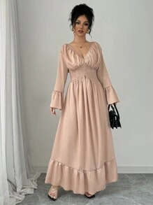 Chiquease V-Neck, Waist Cinching, Elegant Charming Long Sleeve Dress Fall Cloth For Women - Khaki - View 3