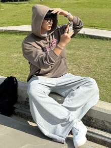 DAZY Men's Letter Print Pullover Sweatshirt, Autumn Hoodie - Brown - View 4