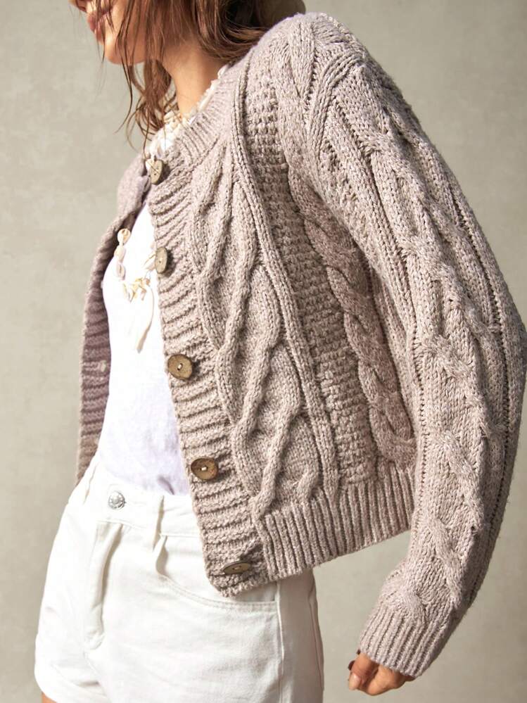 Bohemela Cárdigan de manga larga de cuello redondo de ajuste holgado y unicolor para vacaciones, blusas de manga larga, suéter de punto en otoño/invierno - Albaricoque - Añade 1