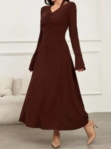 Mulvari Women's Solid Color Flared Sleeve Ruffle Elegant Dress, Spring Autumn