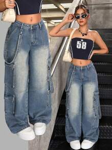 SHEIN Teen Girl Vintage Loose Fit Blue Denim Wide Leg Cargo Pants - Medium Wash - View 1