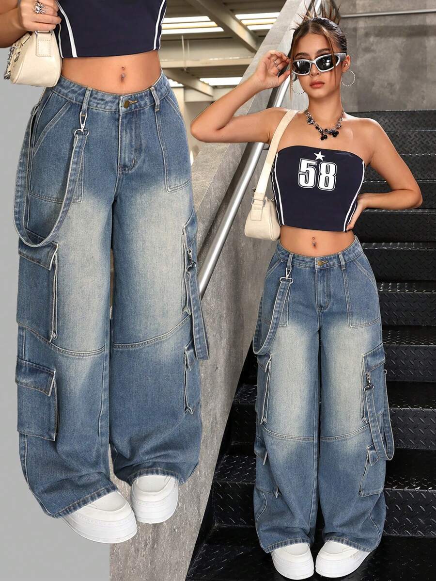 SHEIN Teen Girl Vintage Loose Fit Blue Denim Wide Leg Cargo Pants - Medium Wash - View 1
