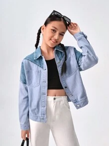 SHEIN Jaqueta jeans solta com contraste de cores e estilo de rua para meninas adolescentes