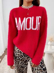 Chiquease Women Red Round Neck Long Sleeve Letter Pattern Sweater, Knit Pullover Fall Winter - Red - View 1