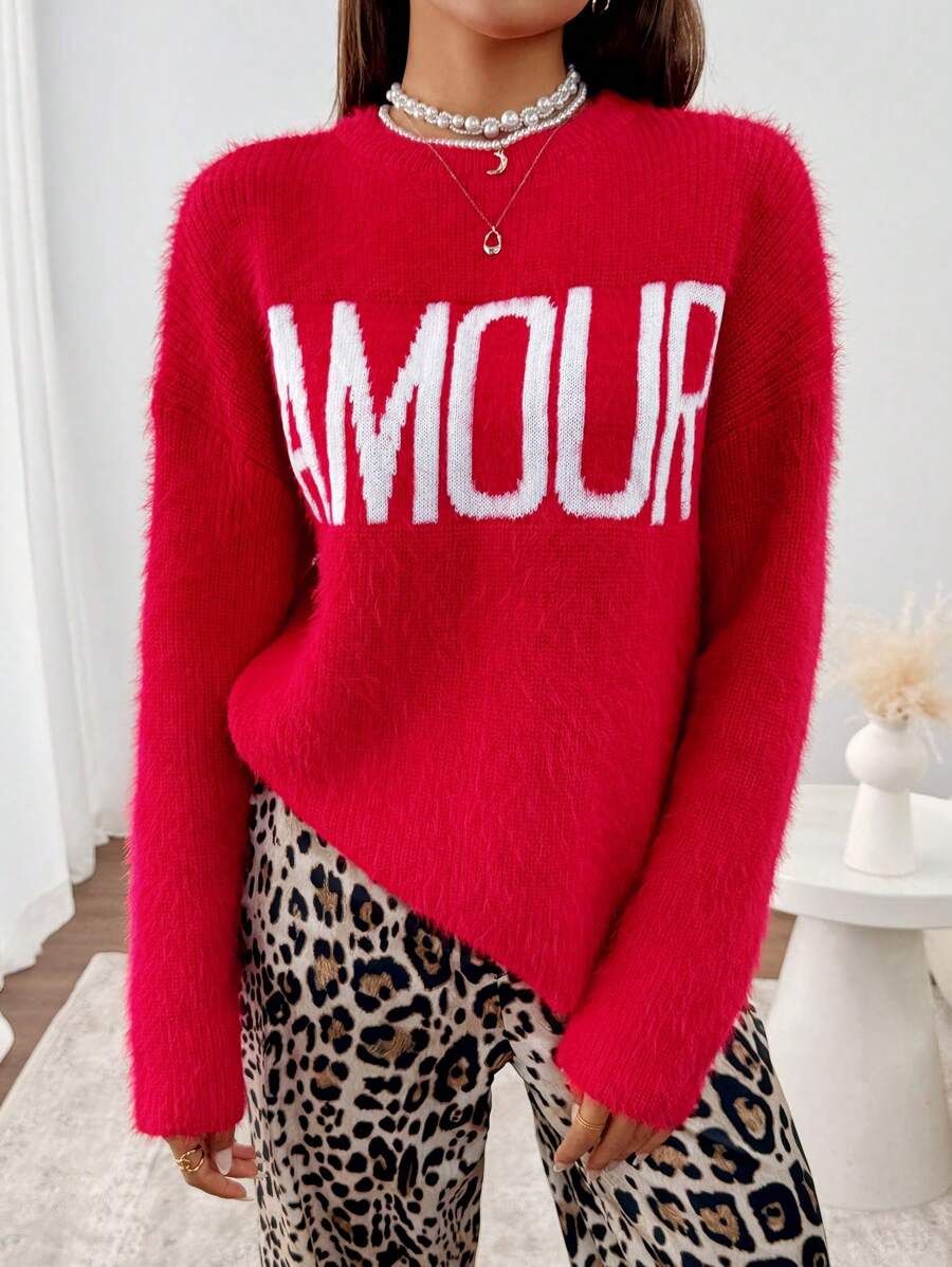 Chiquease Women Red Round Neck Long Sleeve Letter Pattern Sweater, Knit Pullover Fall Winter - Red - View 1