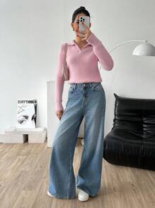 RueChic Kvinna Shabby Garn Polo Neck Normal Fit Söt stil tröja - Dammrosa - Visa 4