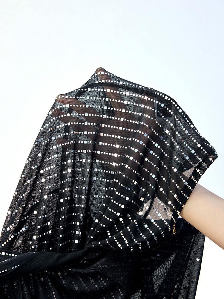 SHEIN Maija Blusa metálica con lentejuelas, cuello alto y manga larga fruncida con estampado de hoja de metal, para mujer, otoño/invierno