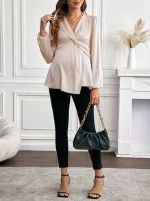 SHEIN 孕妇 V 领灯笼袖扭纹优雅衬衫，适合孕妇 - 杏色 - 查看 6