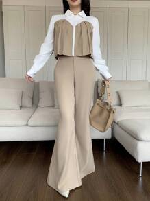 Mulvari 2pcs Women Contrast Color Zipper Front Long Sleeve Blouse And Trousers Set 2 Pieces Set - Khaki - View 4
