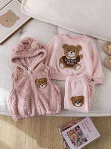 SHEIN 3pcs Baby Girl Cute Fluffy Pink Cartoon Hooded Vest, Sweatshirt And Elastic Waist Pants Set, Autumn/Winter - Pink - View 5