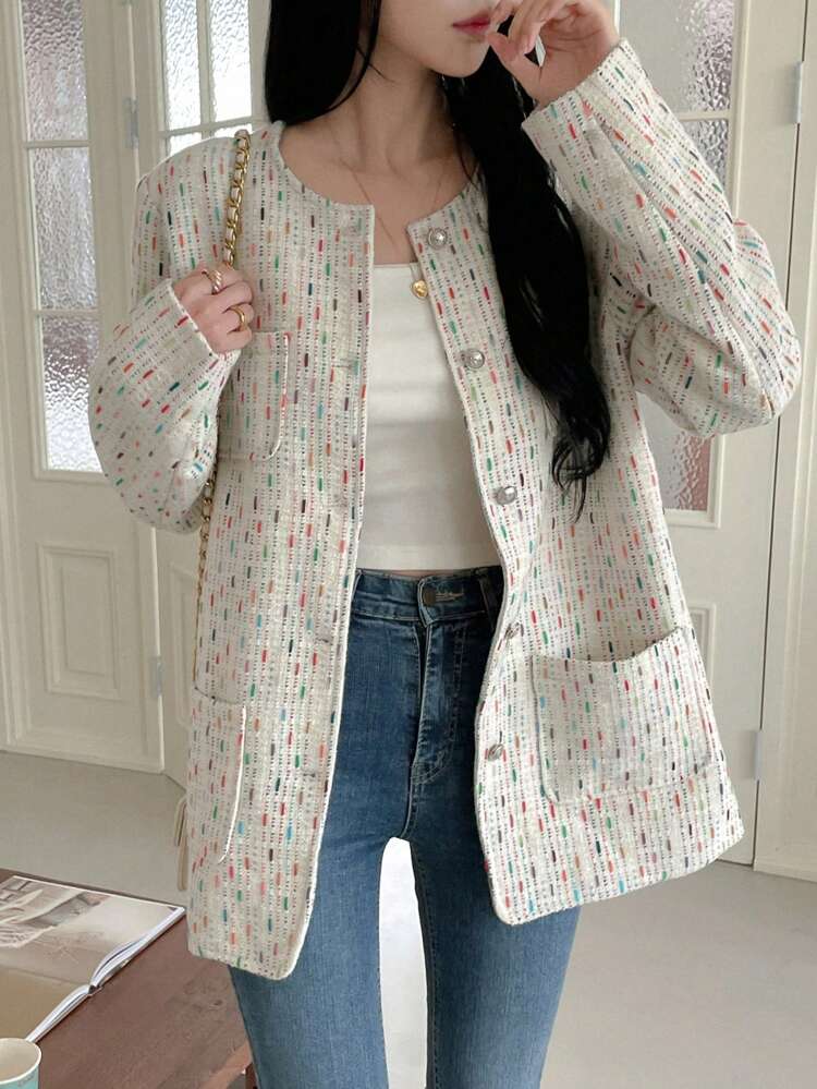 Women's Allover Print Long Sleeve Single-Breasted Casual Jacket, Autumn Winter Women Coats