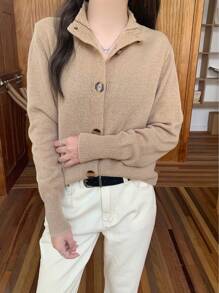 SHEIN LUNE New Loose Knitted Cardigan Stand Collar Short Outerwear Versatile Sweater - Khaki - View 5