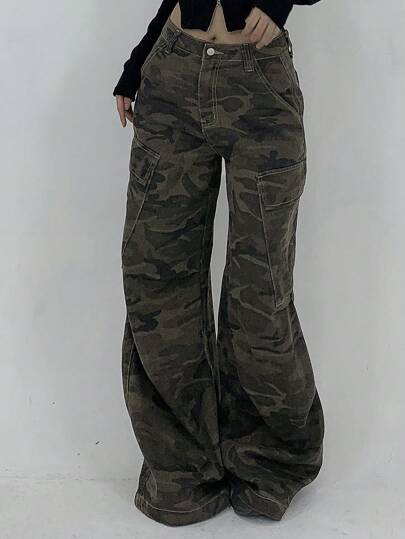 DAZY Quần Jeans Túi Hộp Thường Ngày In Họa Tiết Rằn Ri Cho Nữ Y2k