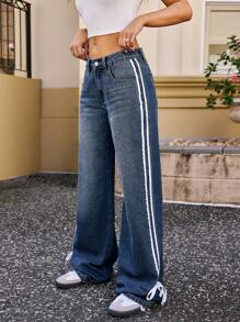 Quần jean ống đứng, dáng rộng, sọc túi bên hông dành cho nữ - Màu xanh lam - Xem 3