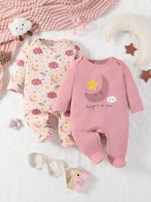 SHEIN 2pcs Baby Girls' Minimalist Cute Star, Moon, Flower Print Long Sleeve Footie Pajamas Set