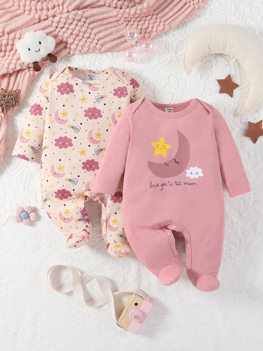SHEIN 2pcs Baby Girls' Minimalist Cute Star, Moon, Flower Print Long Sleeve Footie Pajamas Set