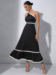 SHEIN Belle Women's Color Block Woven Tape Splicing Asymmetric Neckline Evening Gown,Semi Formal Prom Dress For Wedding Guest,Birthday,Graduation Homecoming - Black - View 8