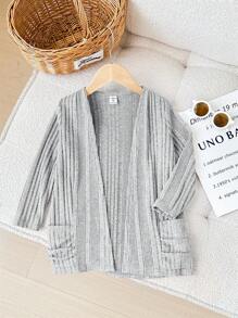 SHEIN Young Girl 1pc Solid Color Knitted Open Front Coat With Pocket, Autumn And Winter, Soft & Comfortable, Back-To-School, College Style, Daily Wear, Preppy, Vintage Fall (9),Winter (2),Grey