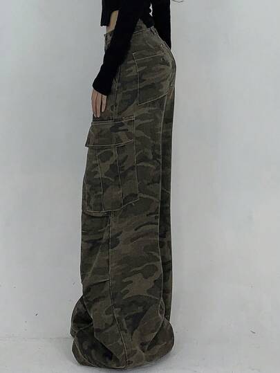 DAZY 女士迷彩印花口袋休闲工装牛仔裤 Y2k 女式牛仔裤