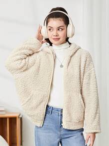 SHEIN 少女纯色袋装口袋连帽宽松休闲夹克 - 杏色 - 查看 3